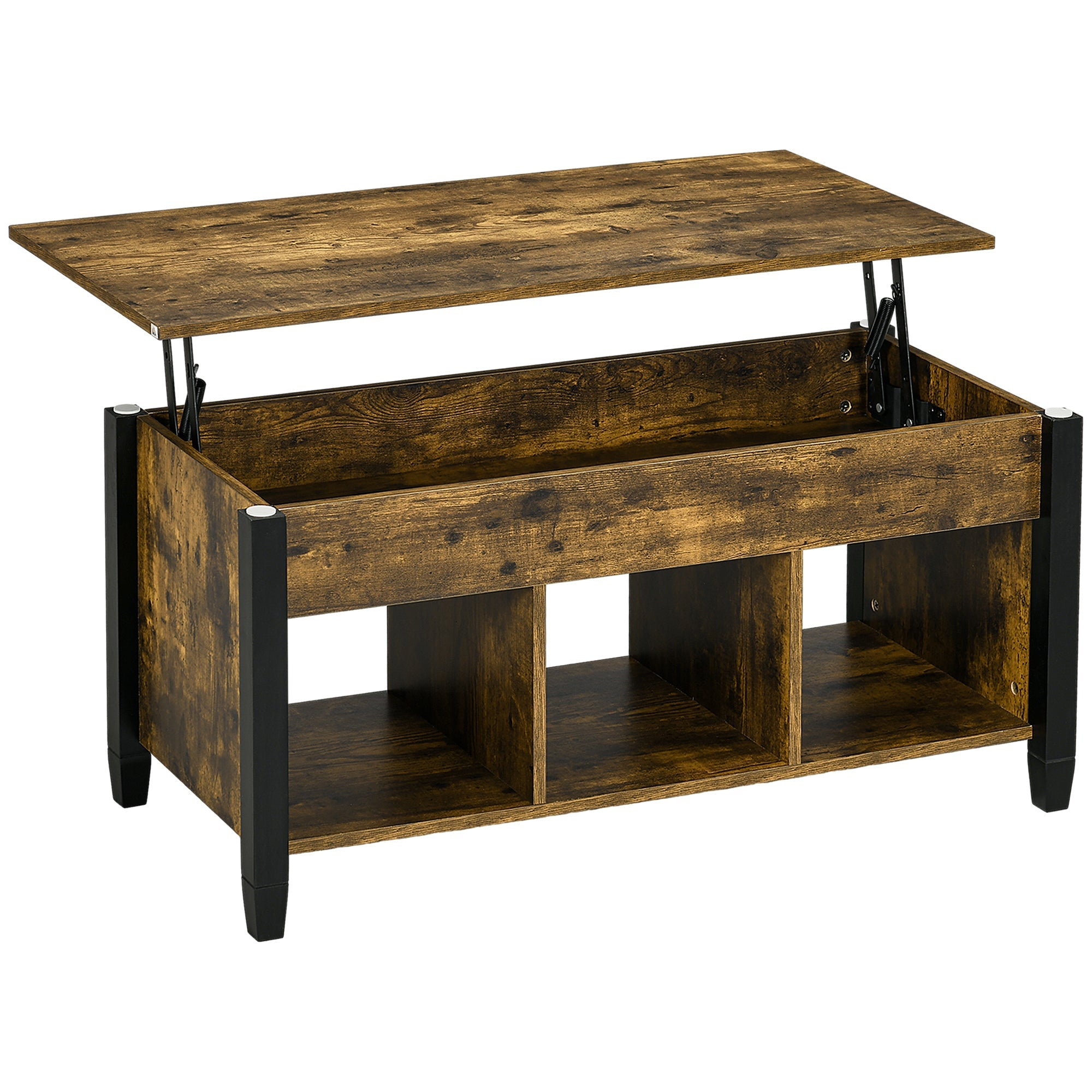 HOMCOM Rustic Lift-Top Retreat: Coffee Table with Hidden Storage, 3 Lower Shelves, Pop-Up Design in Brown Finish for Living Room 