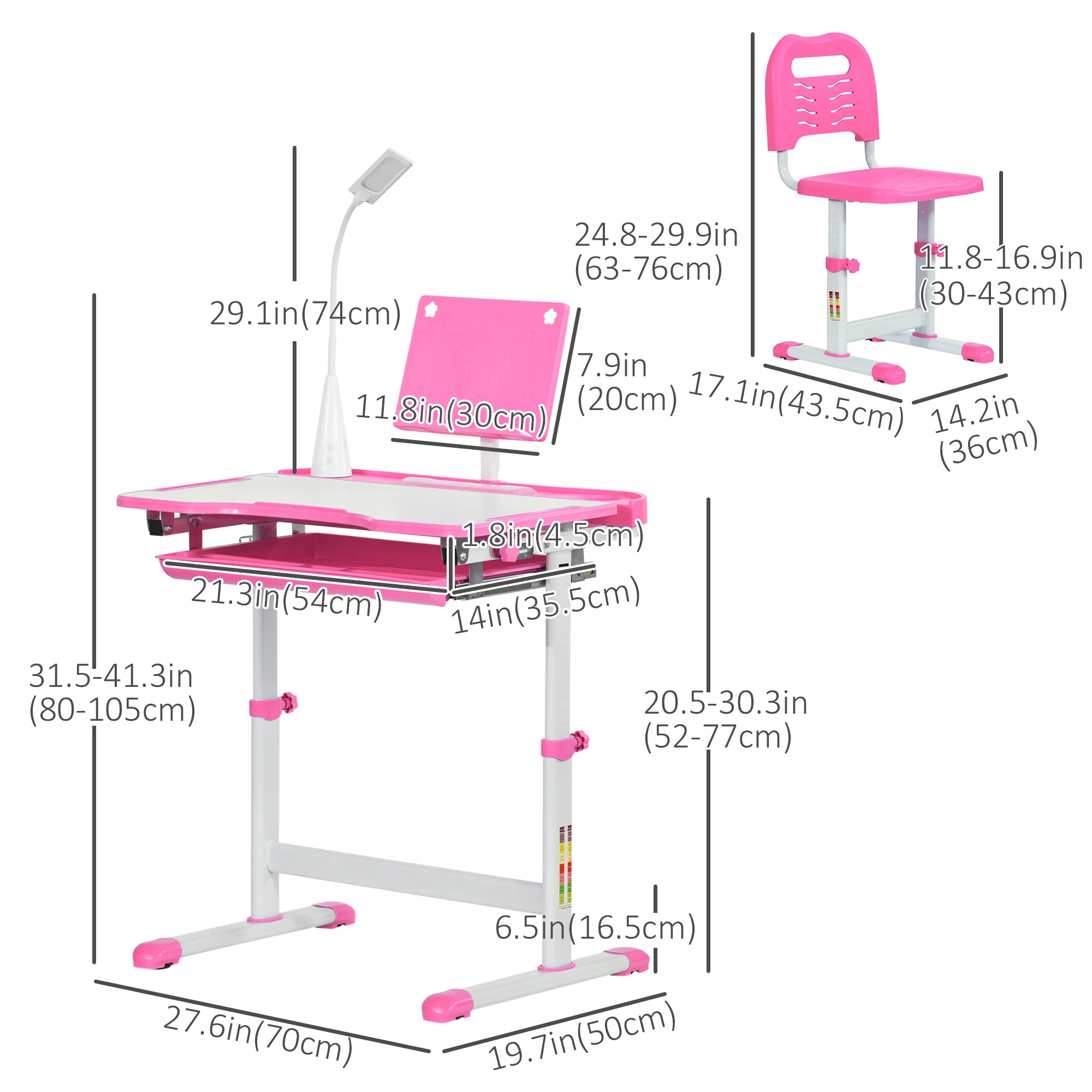 Qaba Adjustable Kids Desk Chair Set with Tilt Desktop LED Lamp Pink for Student Study Comfort 