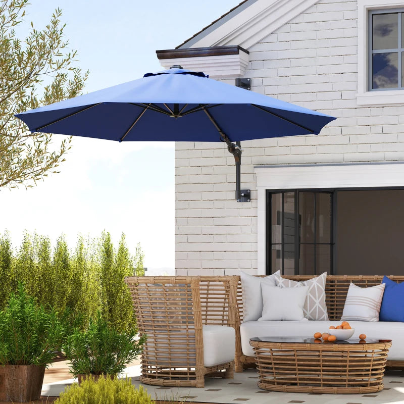 9.6 x 9.6 ft Wall Mounted Umbrella with Rotate, Patio Market Umbrella Parasol for Outdoor with Crank, Dark Blue