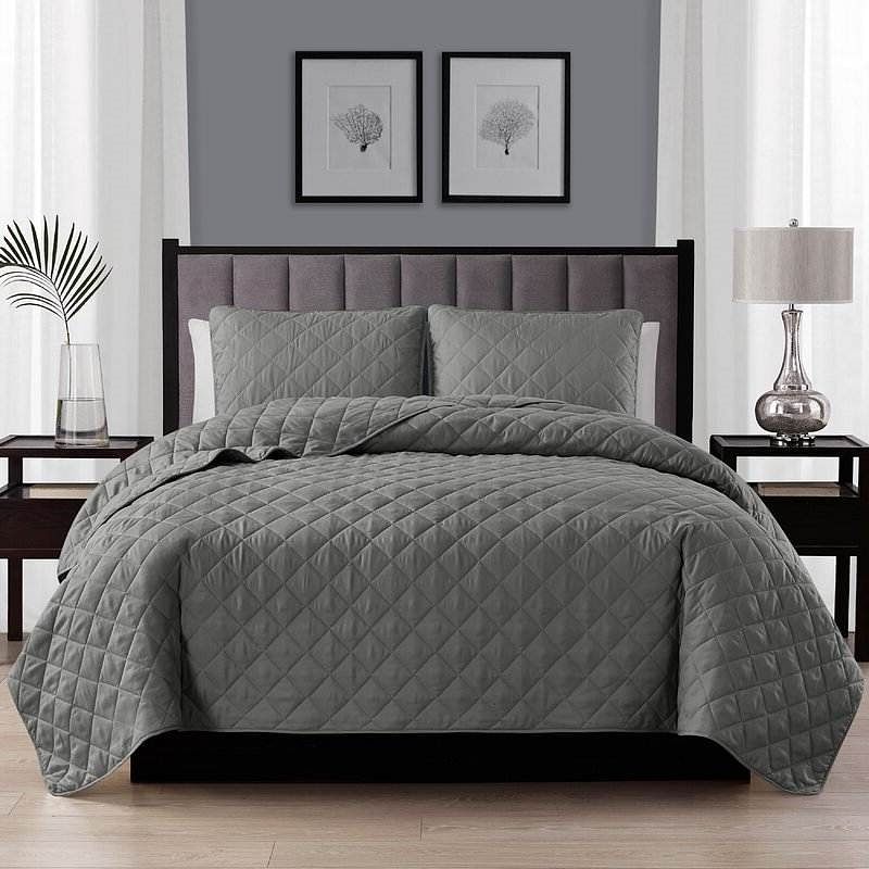 Twin/Twin XL 2-Piece Dark Grey Polyester Microfiber Diamond Quilt Set - Free Shipping 