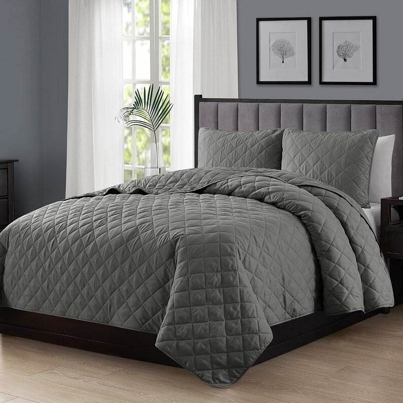 Twin/Twin XL 2-Piece Dark Grey Polyester Microfiber Diamond Quilt Set - Free Shipping