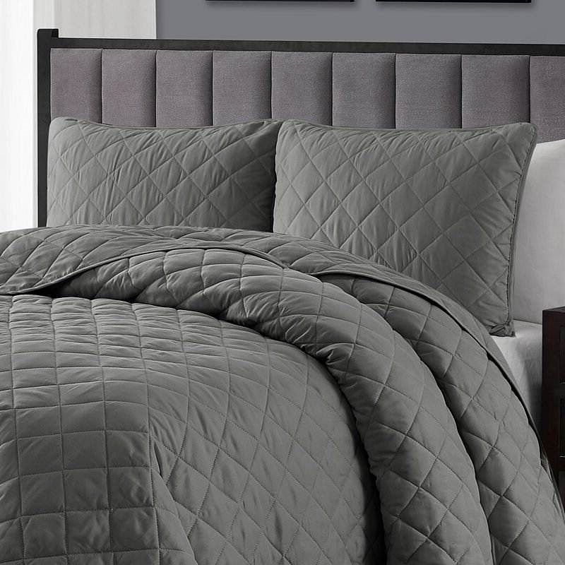 Twin/Twin XL 2-Piece Dark Grey Polyester Microfiber Diamond Quilt Set - Free Shipping