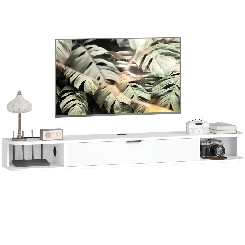 55" Floating TV Stand for TVs up to 60 Inch, Wall Mounted Media Console with Flip Drawer and 2 Open Shelves, White