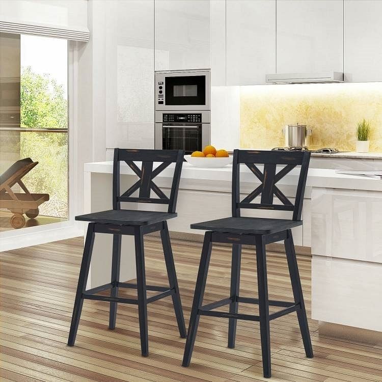Set of 2 Black Wood 29-in Modern Kitchen Dining Farmhouse Swivel Seat Barstools - Free Shipping 