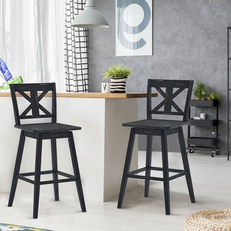 Set of 2 Black Wood 29-in Modern Kitchen Dining Farmhouse Swivel Seat Barstools - Free Shipping 