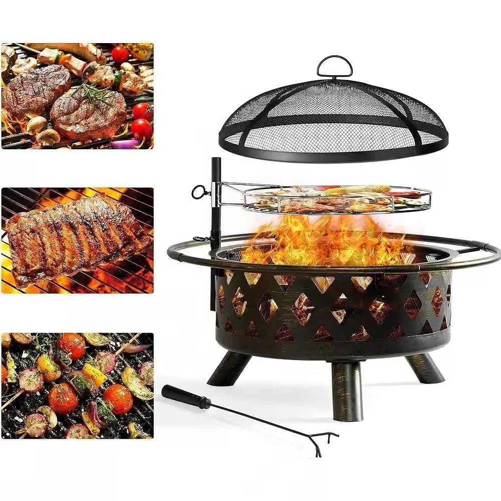 30-inch Wood Burning Outdoor Heavy Duty Steel Fire Pit Grill - Free Shipping