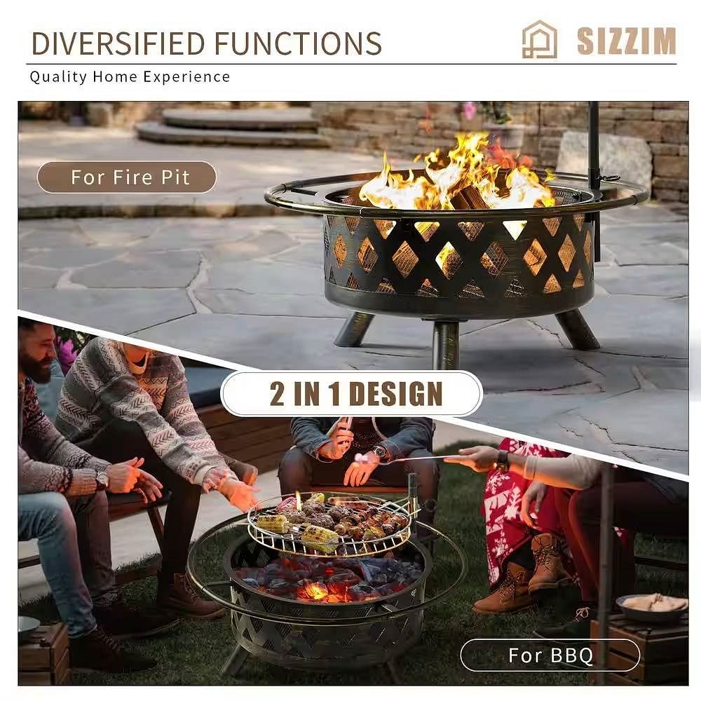 30-inch Wood Burning Outdoor Heavy Duty Steel Fire Pit Grill - Free Shipping