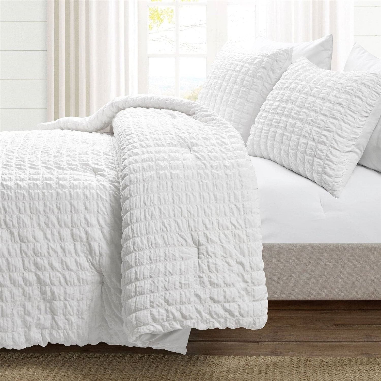 Twin/XL Size Microfiber Crinkled Texture 2 Piece Comforter Set White - Free Shipping