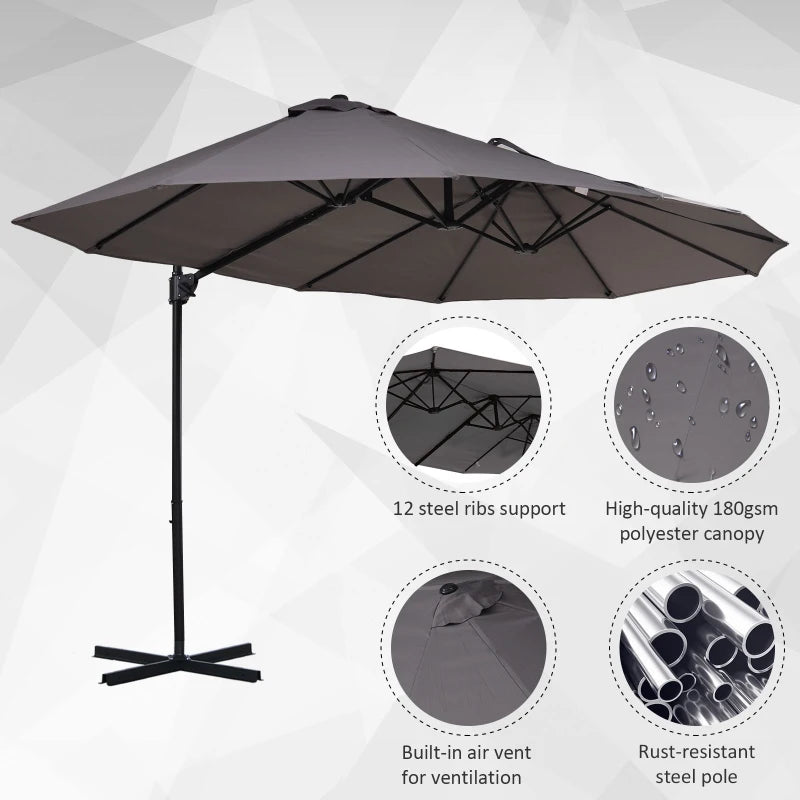 Outdoor Patio Umbrella Offset Cantilever Umbrella with Twin Canopy Sunshade Umbrella with Lift Crank Grey