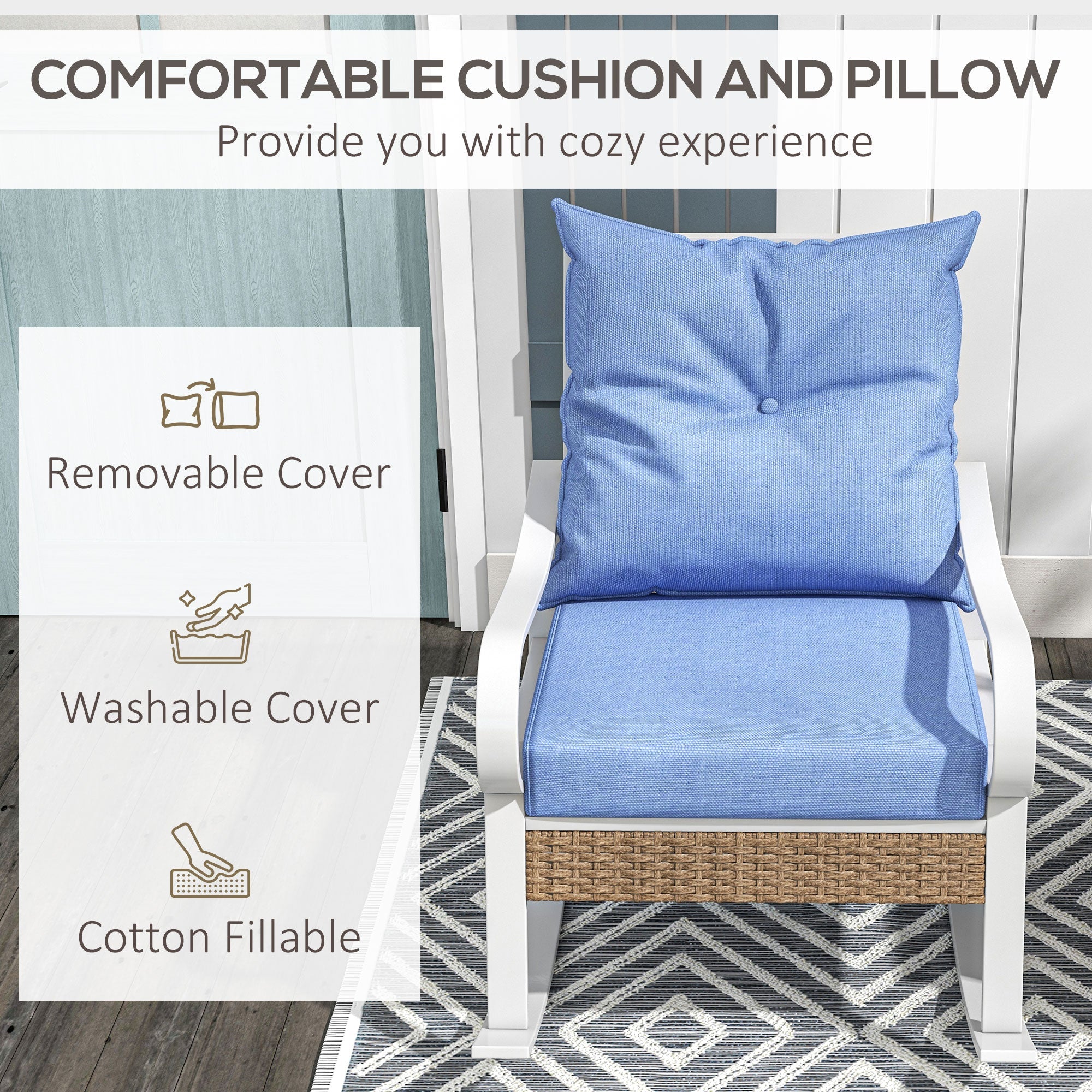 Outsunny Rattan Relaxation: Outdoor Rocking Chair with Plush Cushion, Wide Seat, Inclined Back for Garden, Balcony, Light Blue Finish 