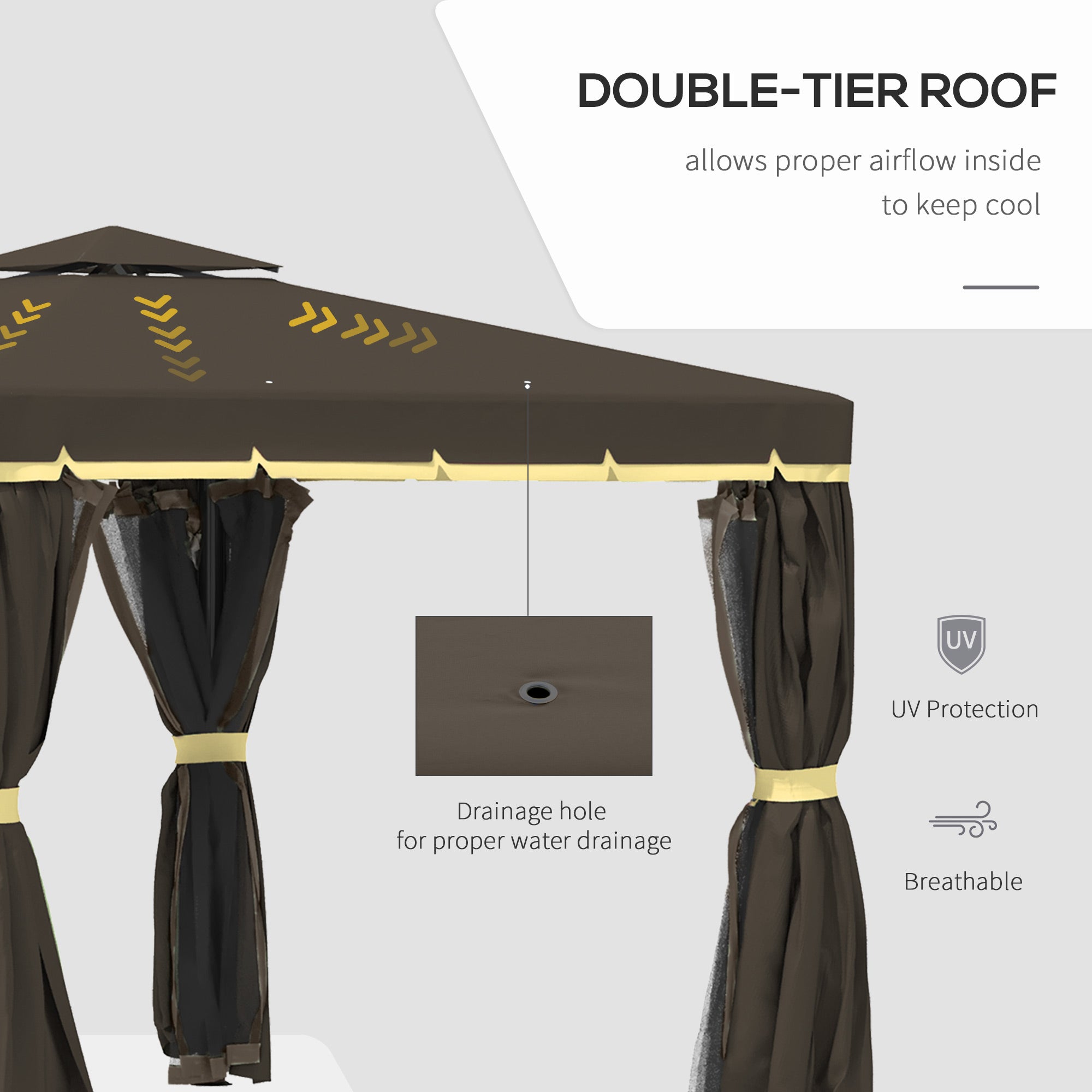 Outsunny 10' x 10' 2-Tier Outdoor Gazebo Canopy Tent with Zippered Mesh Sidewalls, Aluminum Frame for Patio, Backyard, Coffee 