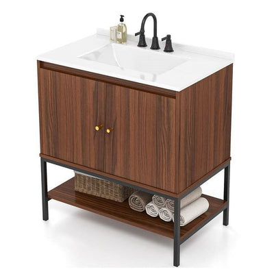 Modern Walnut Wood Finish Bathroom Vanity with White Sink - Free Shipping 