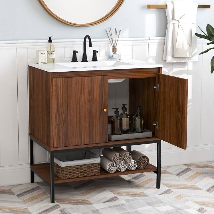 Modern Walnut Wood Finish Bathroom Vanity with White Sink - Free Shipping