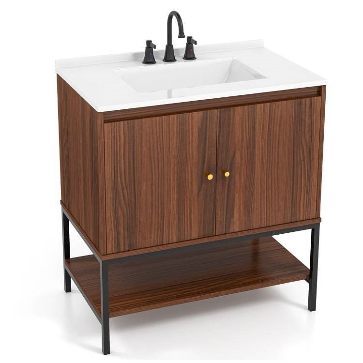 Modern Walnut Wood Finish Bathroom Vanity with White Sink - Free Shipping