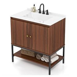 Modern Walnut Wood Finish Bathroom Vanity with White Sink - Free Shipping