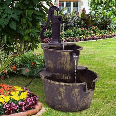 Outdoor 2-Tier Rustic Barrel Water Fountain with Submersible Pump - Free Shipping 