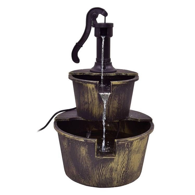 Outdoor 2-Tier Rustic Barrel Water Fountain with Submersible Pump - Free Shipping