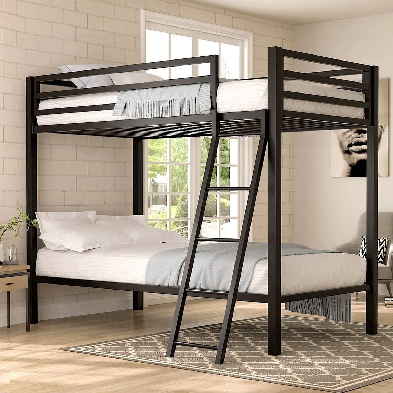 Twin over Twin Modern Metal Bunk Bed Frame in Black Finish with Ladder - Free Shipping