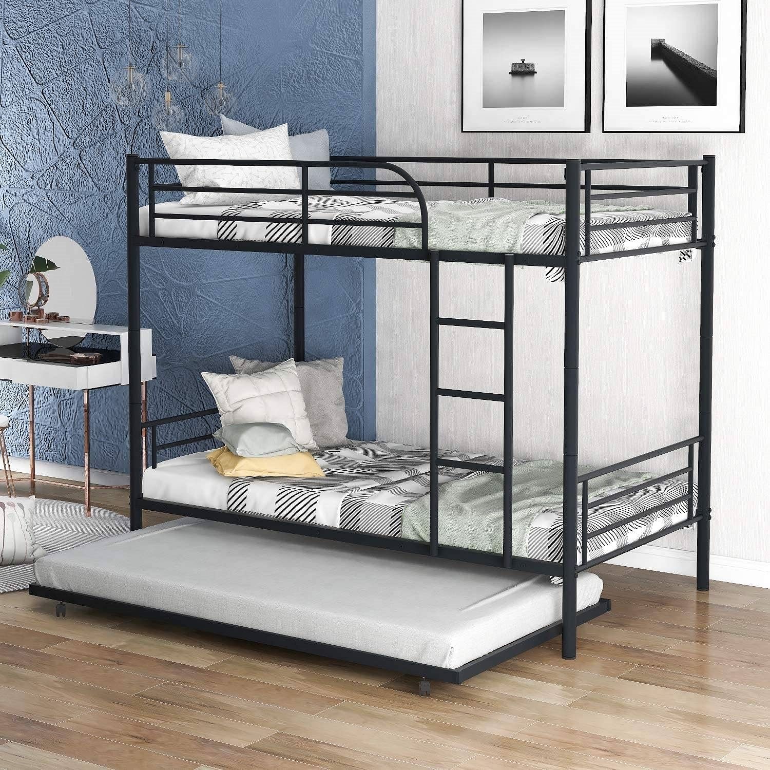 Twin over Twin Bunk bed with Trundle Bed in Black Metal Finish - Free Shipping