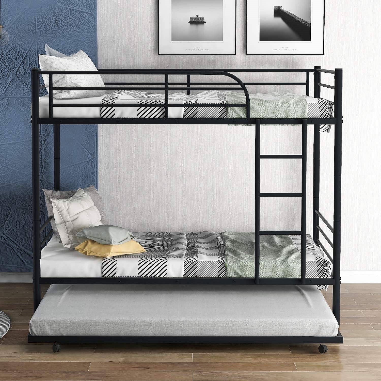 Twin over Twin Bunk bed with Trundle Bed in Black Metal Finish - Free Shipping