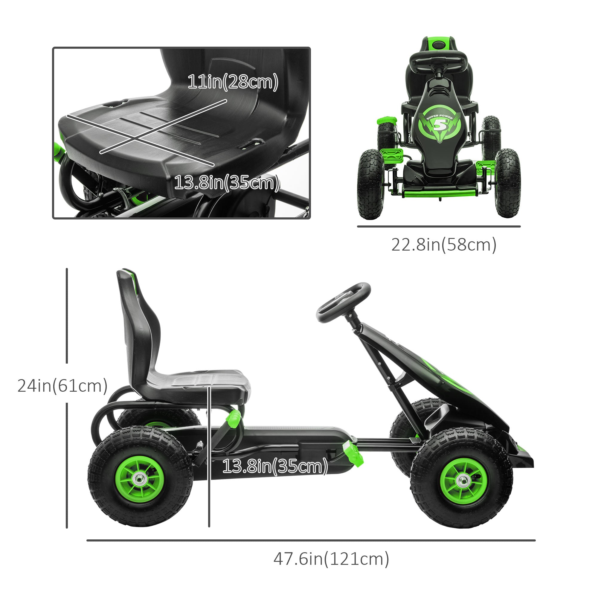Aosom Pedal Go Kart w/ Adjustable Seat, Rubber Wheels Shock Absorb, Green 