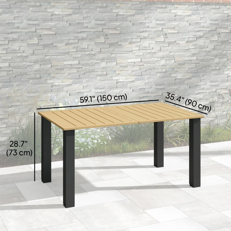 59" Outdoor Patio Table with Umbrella Hole, Outdoor Dining Table with Slatted Tabletop for Backyard Garden, Brown