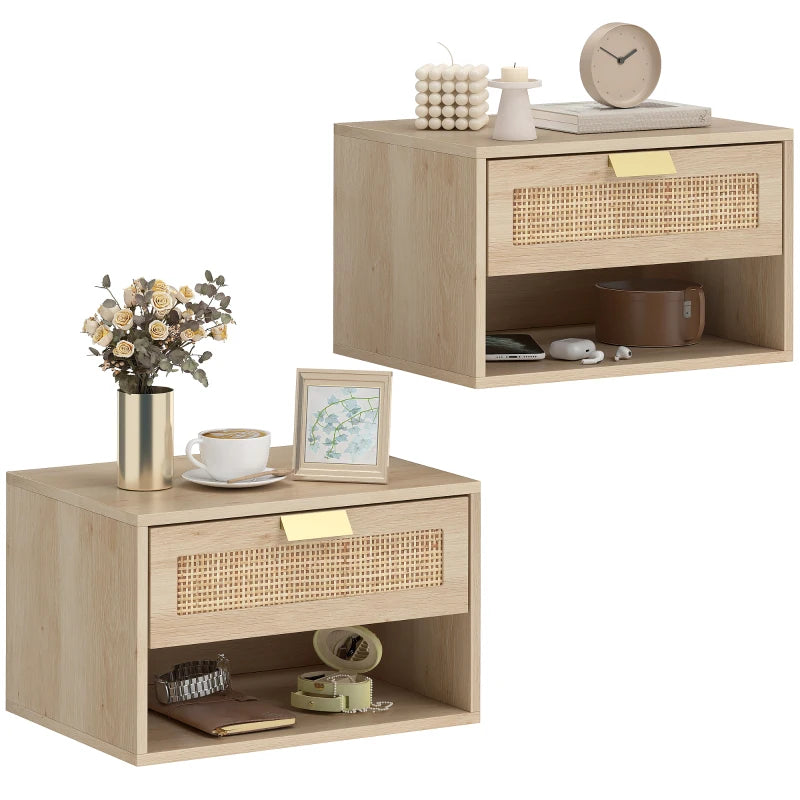 Floating Bedside Table Set of 2, Wall Mount Nordic Nightstands with Storage Drawer and Open Shelf for Bedroom, Oak