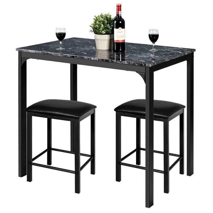 Modern 3-Piece Dining Set Black Faux Marble Table-Top and 2 Black Chairs Stools - Free Shipping 