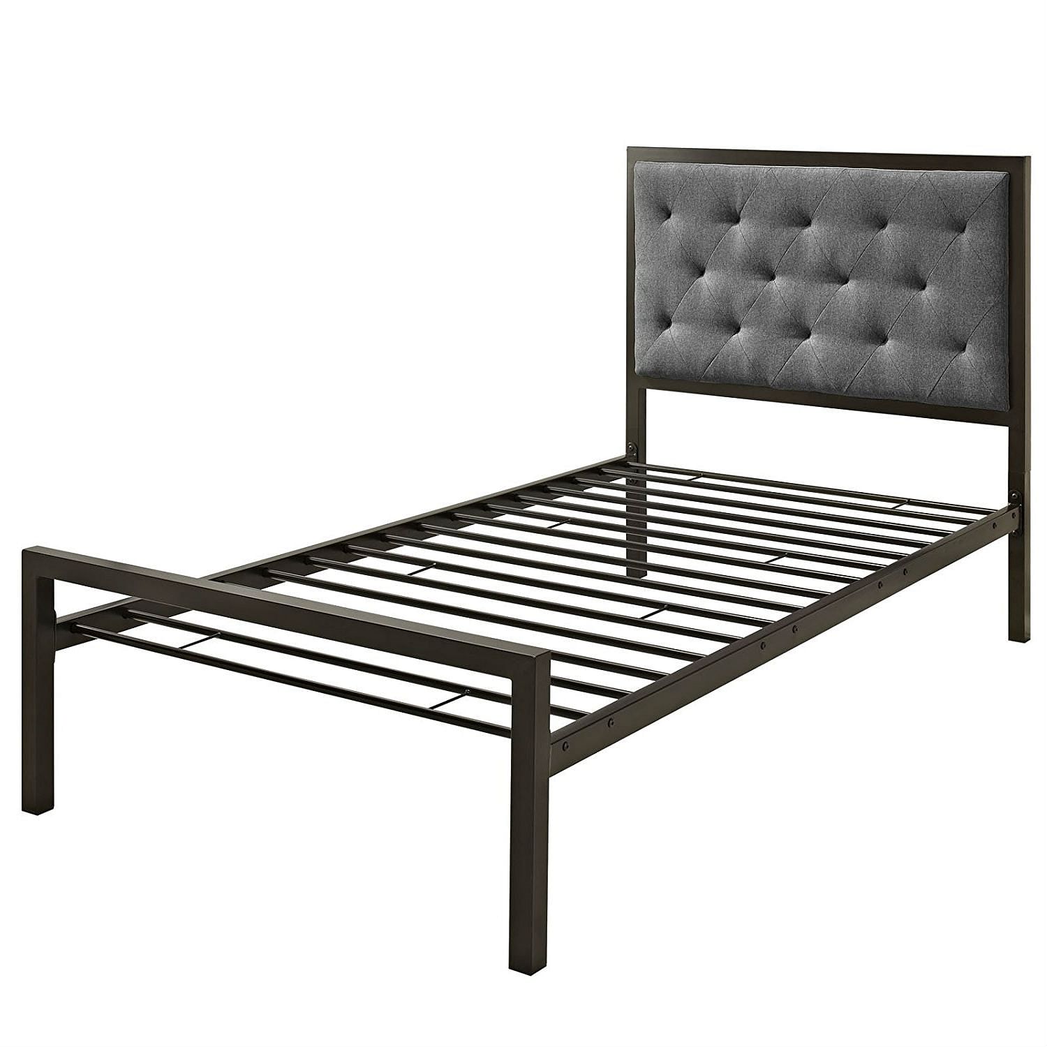 Twin Metal Platform Bed with Gray Fabric Button Tufted Upholstered Headboard - Free Shipping