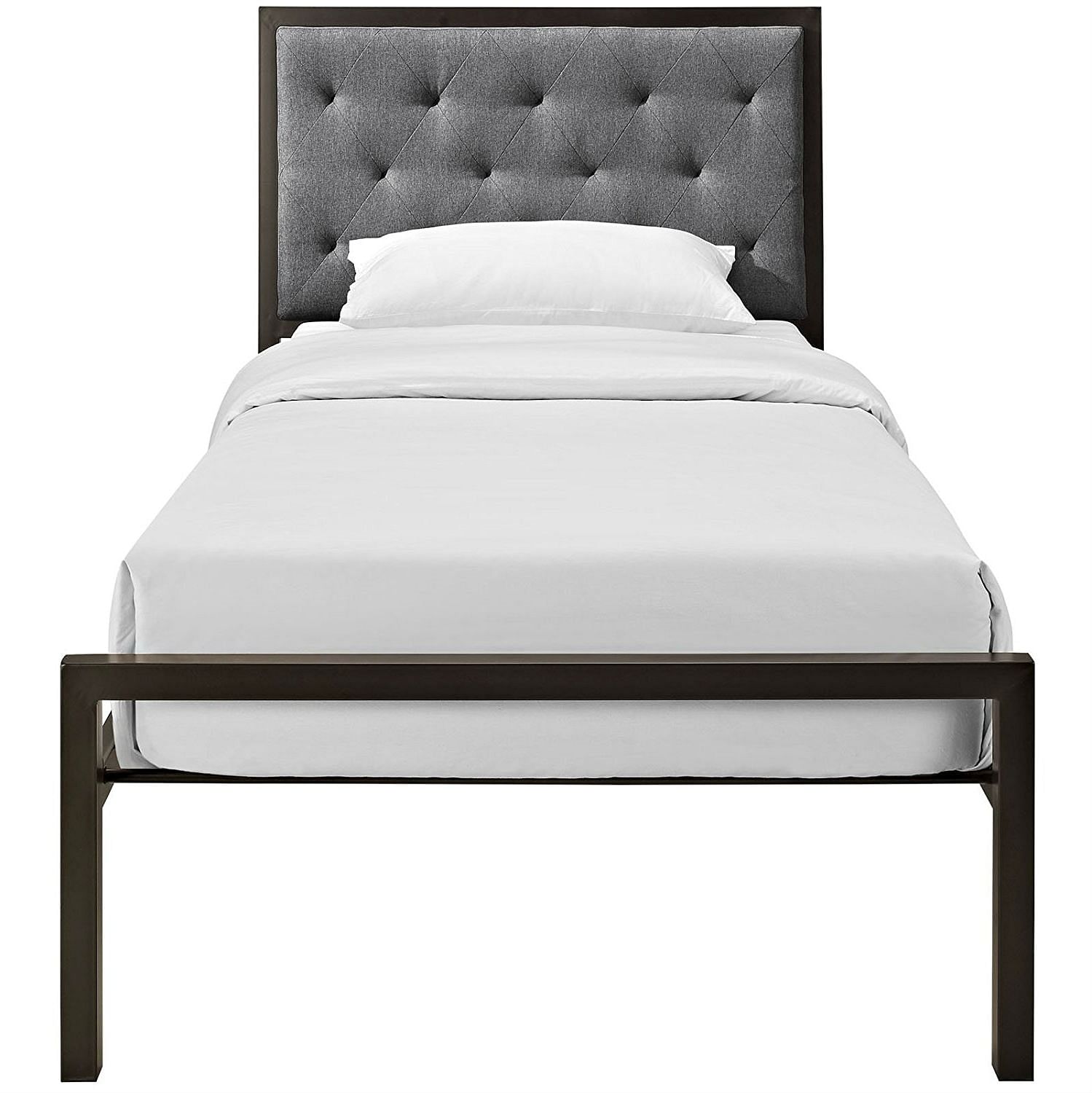 Twin Metal Platform Bed with Gray Fabric Button Tufted Upholstered Headboard - Free Shipping