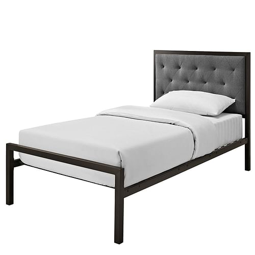 Twin Metal Platform Bed with Gray Fabric Button Tufted Upholstered Headboard - Free Shipping