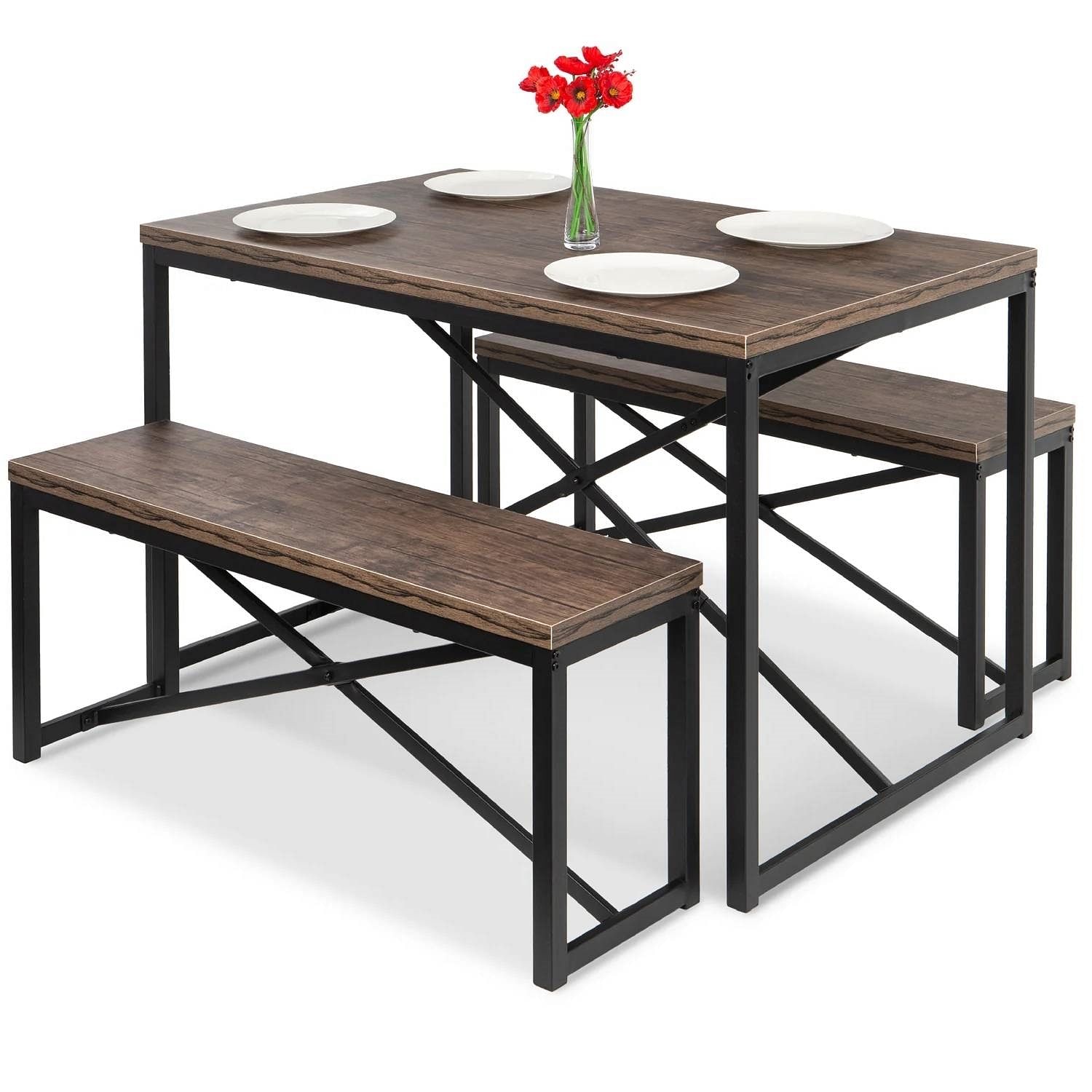 Modern 3-Piece Dining Set with Wood Top Metal Frame Table and 2 Bench Chairs - Free Shipping 