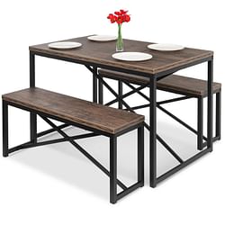 Modern 3-Piece Dining Set with Wood Top Metal Frame Table and 2 Bench Chairs - Free Shipping 