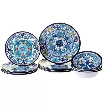 12-Piece Melamine Dinnerware Plates Bowls Set with Blue Floral Pattern - Free Shipping 