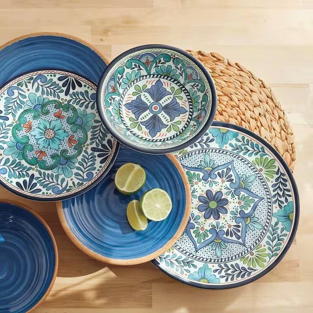 12-Piece Melamine Dinnerware Plates Bowls Set with Blue Floral Pattern - Free Shipping