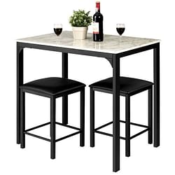 Modern 3-Piece Dining Set White Faux Marble Table-Top and 2 Black Chairs Stools - Free Shipping 