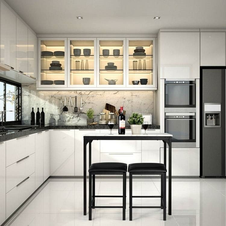 Modern 3-Piece Dining Set White Faux Marble Table-Top and 2 Black Chairs Stools - Free Shipping 