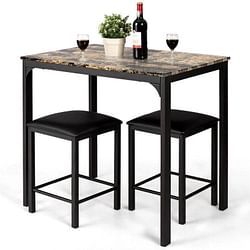 Modern 3-Piece Dining Set Brown Faux Marble Table-Top and 2 Black Chairs Stools - Free Shipping 