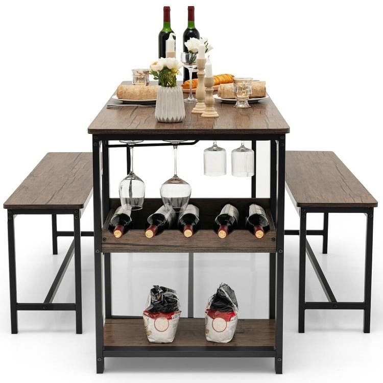 Modern Industrial 3-Piece Metal Wood Dining Set with 2 Benches and Wine Rack - Free Shipping 