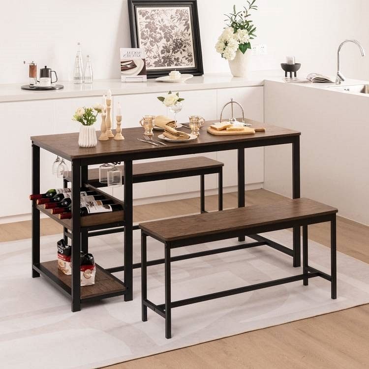 Modern Industrial 3-Piece Metal Wood Dining Set with 2 Benches and Wine Rack - Free Shipping 