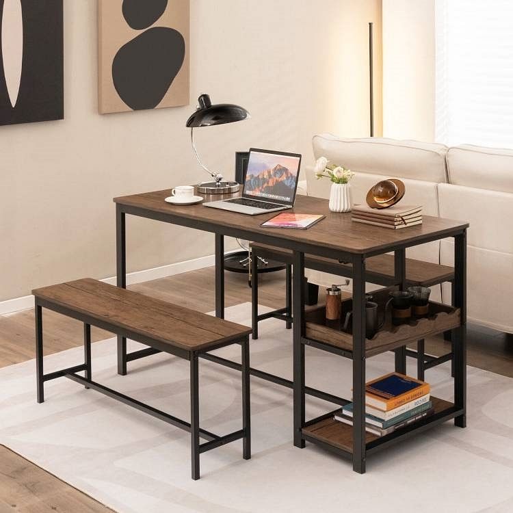 Modern Industrial 3-Piece Metal Wood Dining Set with 2 Benches and Wine Rack - Free Shipping 