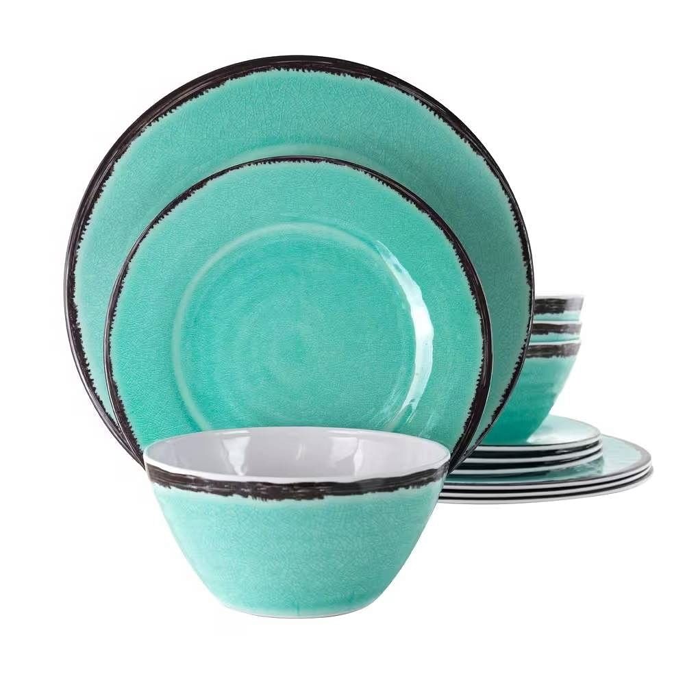 12-Piece Melamine Plates Bowls Dinnerware Set in Turquoise Blue - Service for 4 - Free Shipping