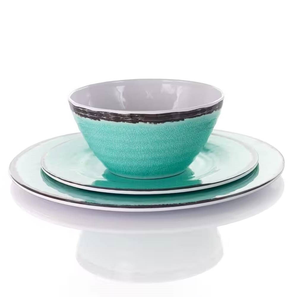 12-Piece Melamine Plates Bowls Dinnerware Set in Turquoise Blue - Service for 4 - Free Shipping