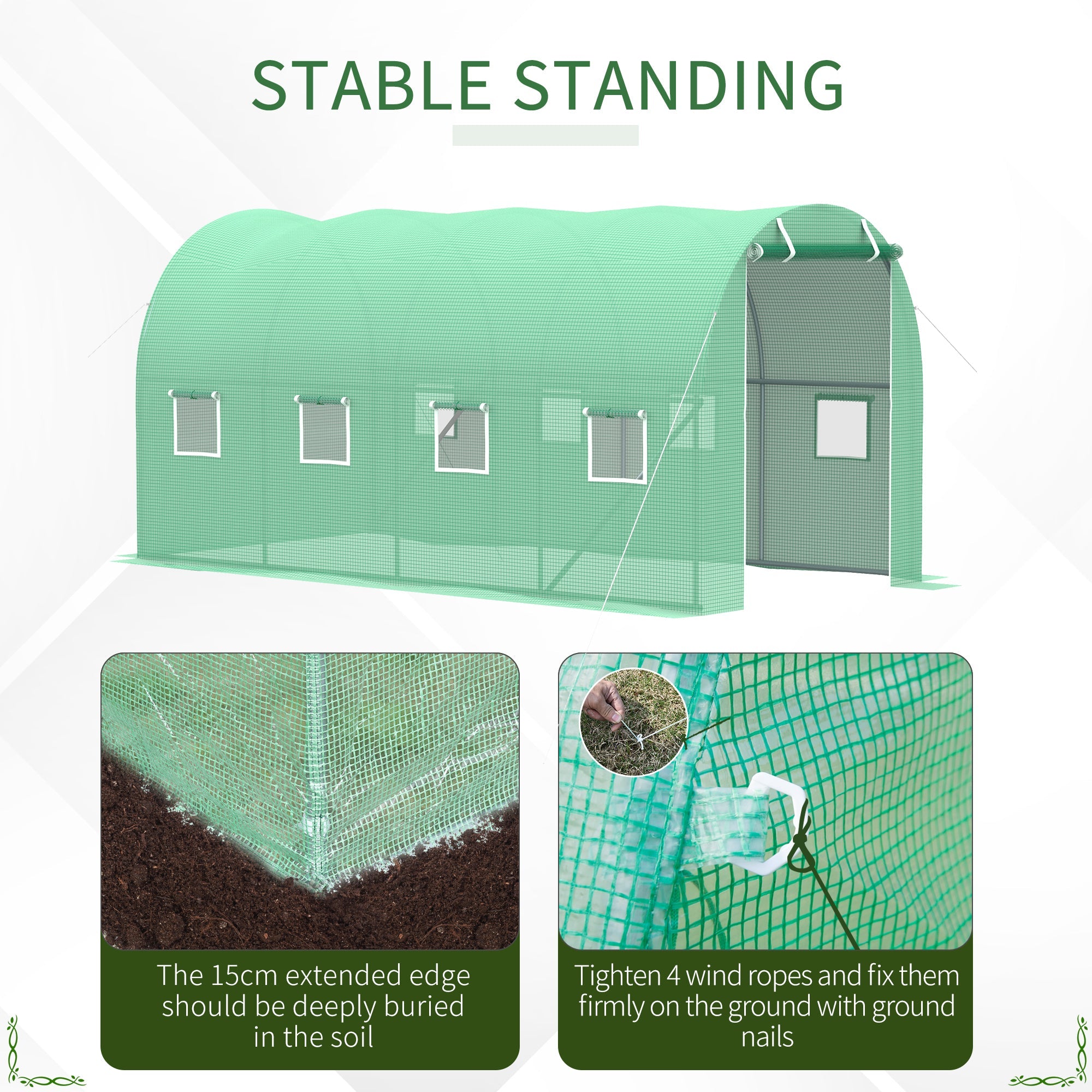Outsunny Walk-in Tunnel Greenhouse, 13 x 6.4 x 6.5 ft Hoop House with Zipped Roll-Up Door and 8 Mesh Windows, Outdoor Greenhouse with Galvanised Steel Frame, Green 