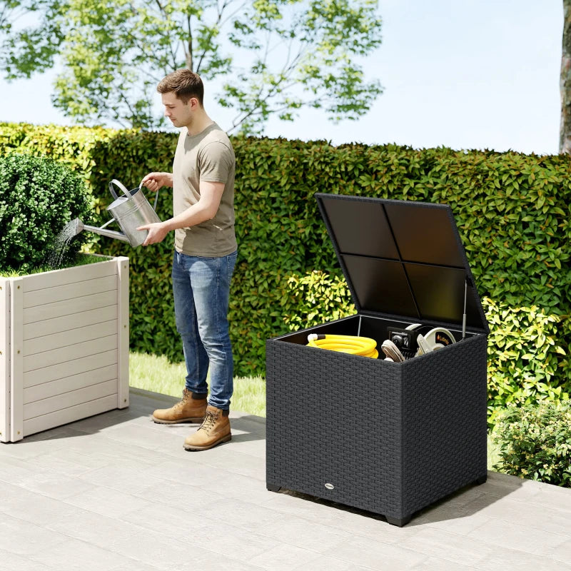 67 Gallon Rattan Deck Box, Wicker Outdoor Storage Box with Waterproof Zippered Liner, Safe Pneumatic Rod, Grey