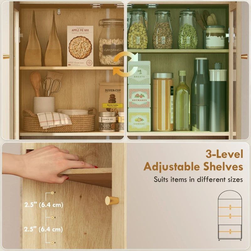Arched Kitchen Pantry Cabinet, 71" Tall Farmhouse Kitchen Storage Cabinet with Acrylic Glass Doors, Oak