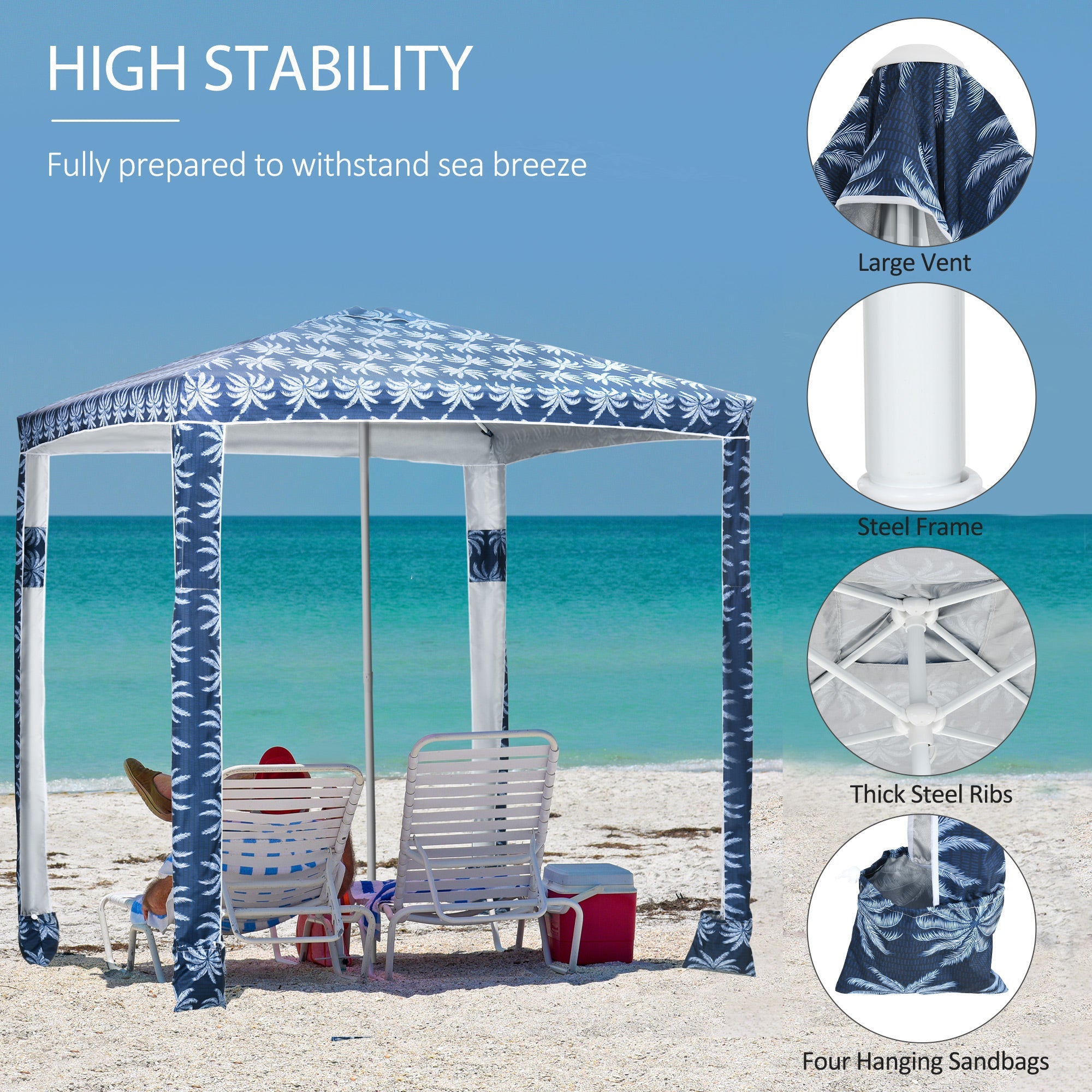Outsunny Beach Umbrella, 6.5' Easy-Assembly Sun-Shade Shelter with Sandbags and Carry Bag, Cool UV50+, Dark Blue 