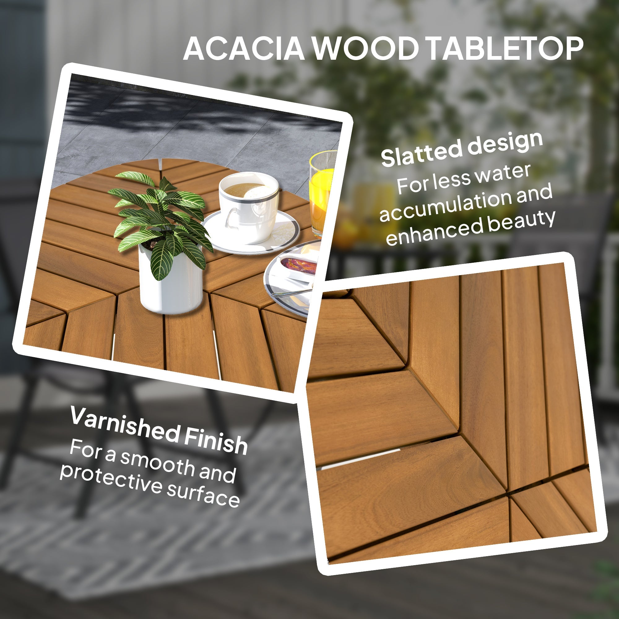 Outsunny Outdoor Dining Table with Slatted Acacia Wood Leaf Tabletop, Patio Table with Steel Legs for Garden, Backyard, Teak 