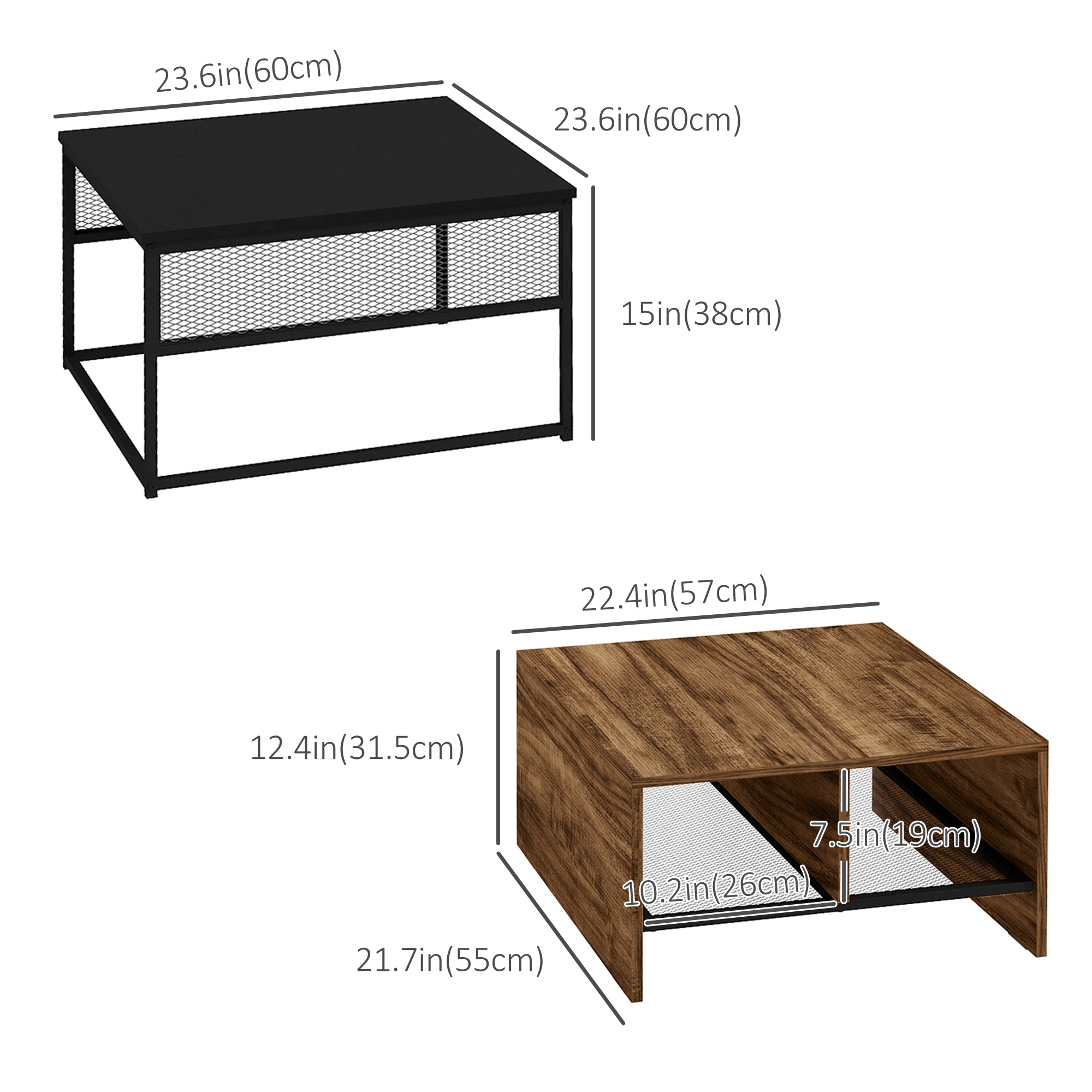 HOMCOM Coffee Table Set of 2 Industrial Nesting Tables Square Coffee Table and Narrow Sofa Side Table for Living Room 