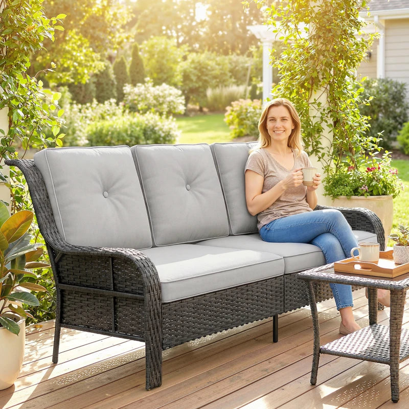 Wicker Patio Sofa with Cushions, 3 Seater Rattan Outdoor Couch for Patio, Garden, Porch, Backyard, Light Grey
